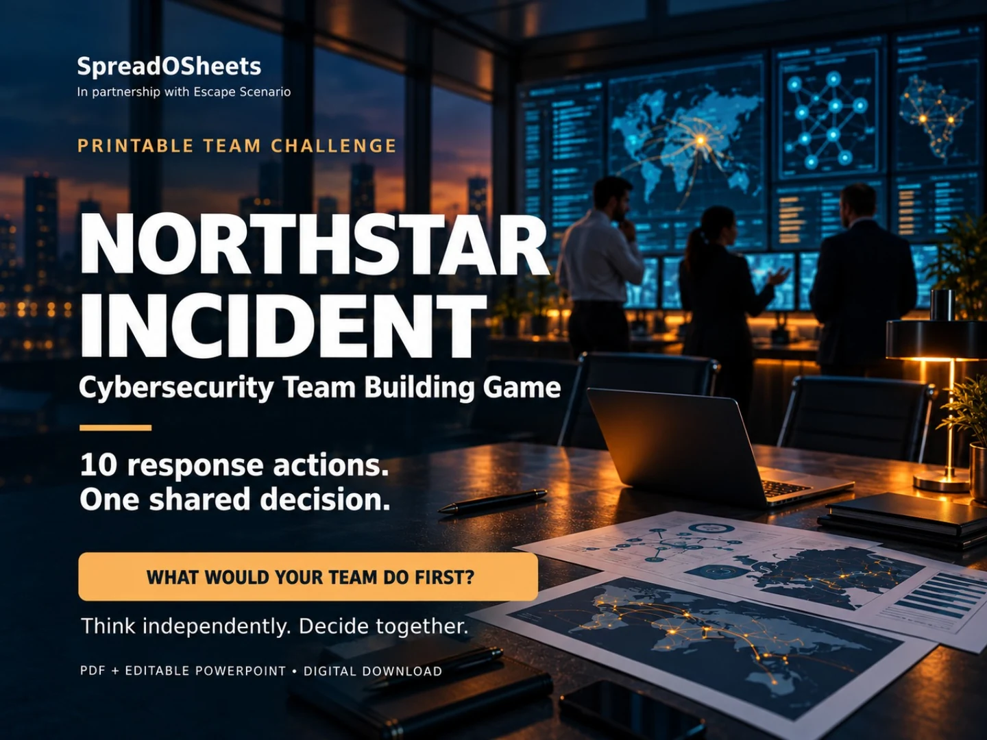 Northstar Incident printable team challenge by SpreadOSheets: a cybersecurity response team studies network maps in a command center.